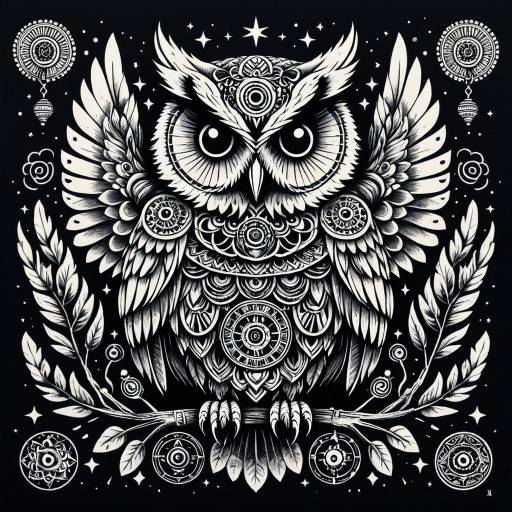 Mystical Owl with Mayan-Inspired Tattoo Design