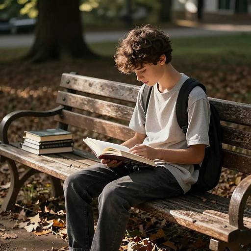 Photograph of a young boy with curly brown hair, wearing a white t-shirt and gray pants, reading on a sunlit wooden bench in a leaf