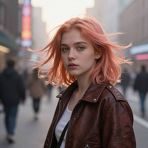Photograph of a young woman with shoulder-length, wavy red hair, wearing a brown leather jacket, standing in a blurred urban street at sunset,