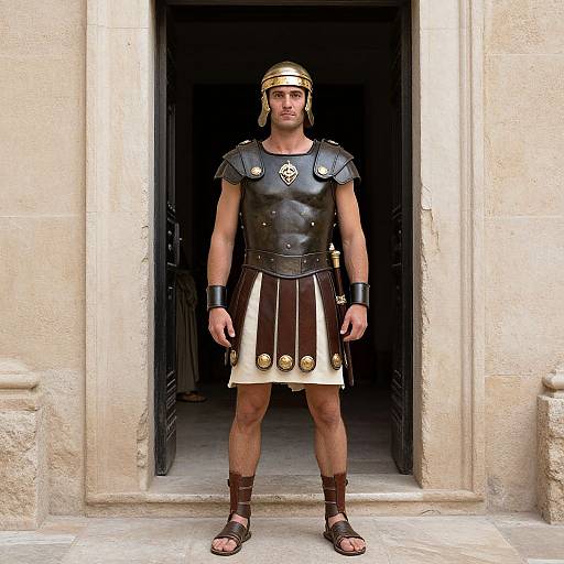 Photograph of a man dressed as a Greek or Roman warrior, standing in a stone doorway. He wears a bronze helmet, black leather armor, brown