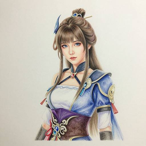 Detailed colored digital drawing of an anime-style woman with long brown hair, blue and purple medieval-inspired outfit, and intricate jewelry.