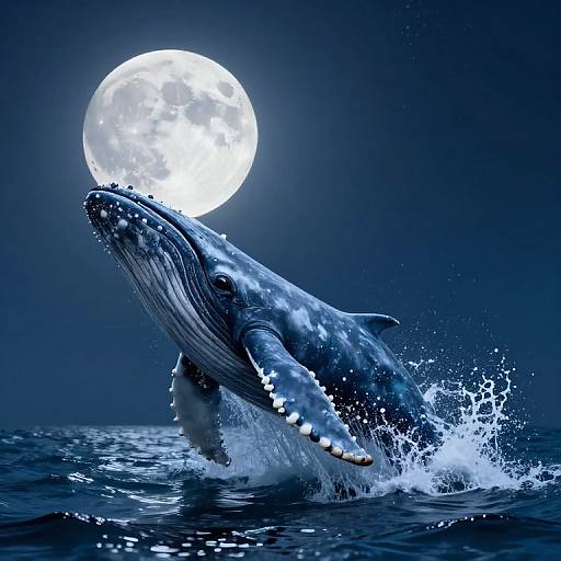 Photorealistic digital art of a leaping humpback whale under a full moon, splashing in dark blue ocean water, with intense white moon