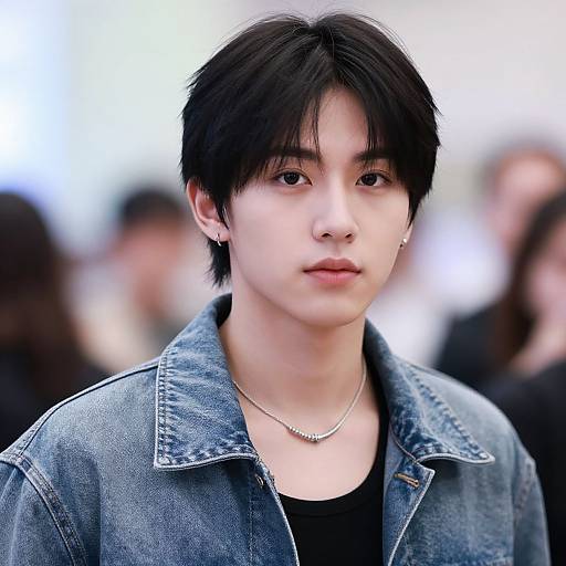 Photograph of an East Asian young man with short black hair, wearing a denim jacket, black shirt, and silver necklace, standing in a blurred outdoor