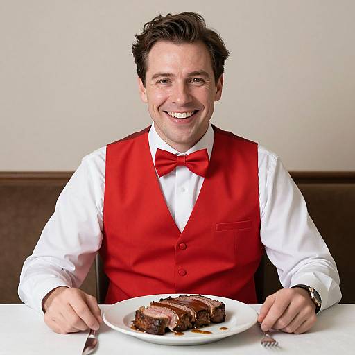 Photograph of a smiling male waiter with dark hair, wearing a white shirt, red vest, and bowtie, serving a plate of meat.