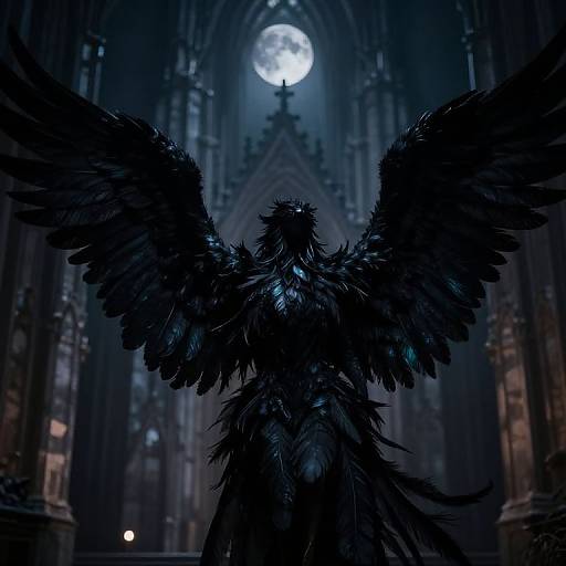 Digital artwork of a black winged creature with glowing blue feathers, standing in a gothic cathedral under a full moon.