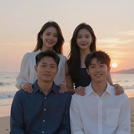 Sunset Beach Gathering of Four Friends