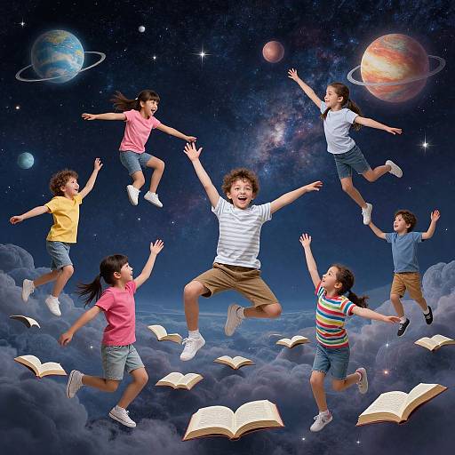 Photograph of six children jumping mid-air among floating books, surrounded by a cosmic background with planets and stars.