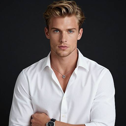 Photograph of a handsome, blue-eyed, blonde man in a white, slightly unbuttoned shirt, wearing a silver necklace and black wristwatch,