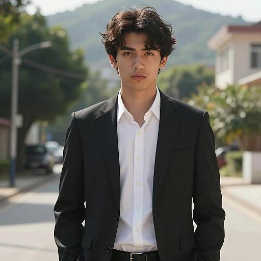 Young Man in Black Suit Outdoors