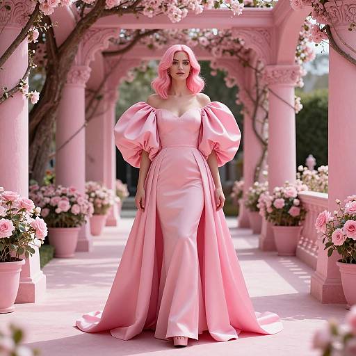 Photograph of a woman with pink wavy hair in a pink, off-shoulder, puffed-sleeve gown, standing in a pink