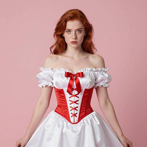 Young Woman in Red and White Satin Corset Dress
