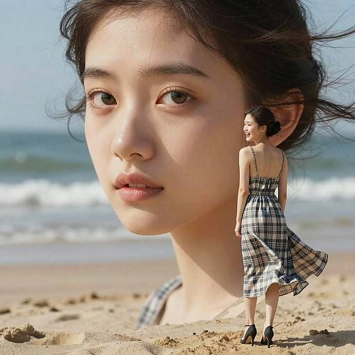 Photorealistic digital art of an Asian woman with fair skin and dark hair, wearing a plaid dress, standing on a sandy beach with ocean waves