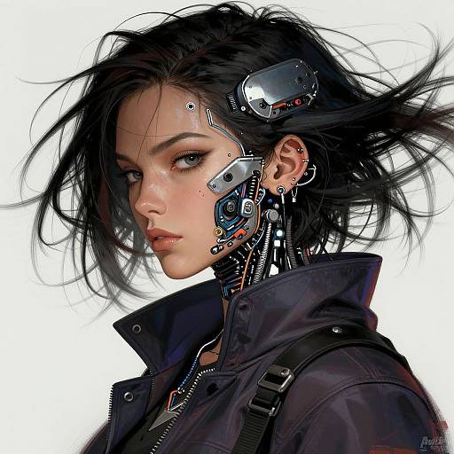 Digital art of a pale-skinned woman with black hair, cybernetic face implants, and a dark jacket, set against a white background.