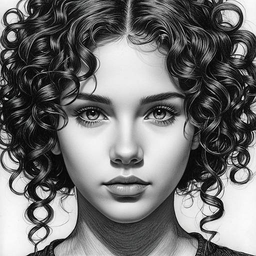 Mucha-Inspired Curly-Haired Teen Pencil Portrait
