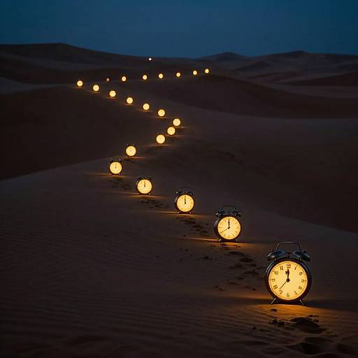 Photograph of a dark desert night with a line of glowing, illuminated vintage alarm clocks spaced along sandy dunes, casting soft shadows and footprints.