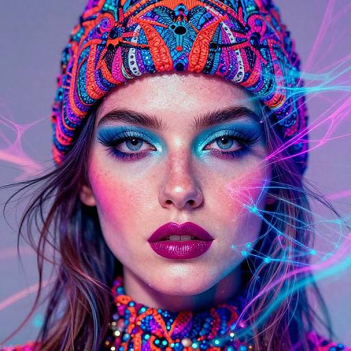 Photograph of a woman with intense blue eye shadow, vivid red lipstick, and colorful beaded headpiece, surrounded by neon light streaks.