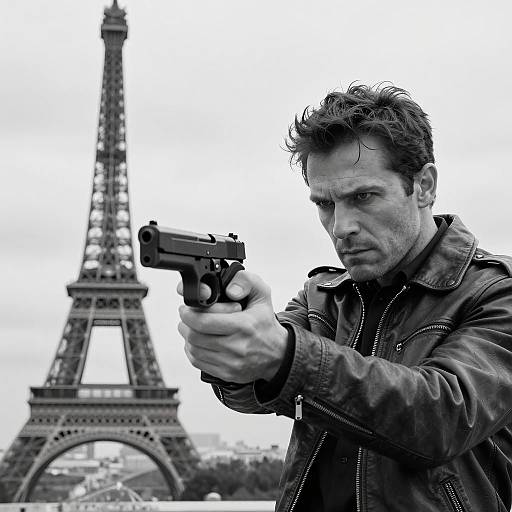 Man aiming handgun in front of Eiffel Tower
