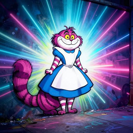 Digital art of a pink-striped cat in a blue and white maid dress, standing against a neon-lit, colorful background.