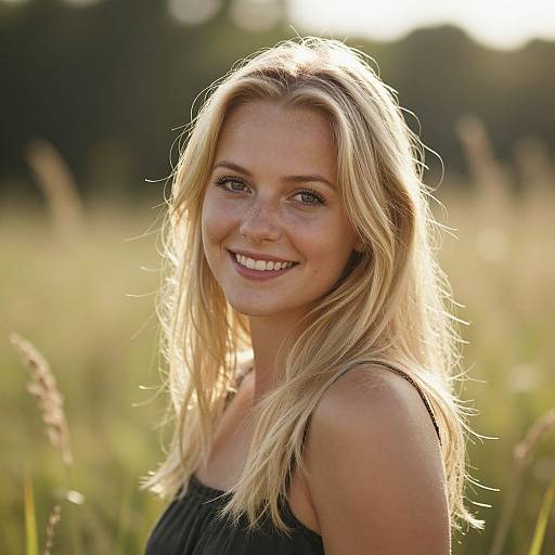 Photograph of a smiling blonde woman with light skin and freckles, wearing a black sleeveless top, standing in a sunlit field with tall