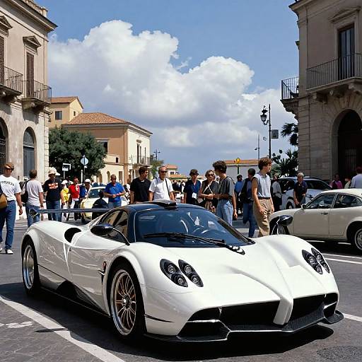 Photograph of a white, sleek, modern sports car parked in a sunny, European street, surrounded by a crowd of people and other cars.