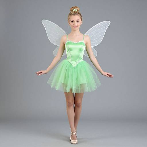 Photograph of a young girl with blonde hair in a bun, wearing a neon green tutu, white fairy wings, and white ballet flats, standing