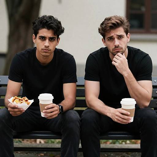 Two Men Sitting with Coffee and Food