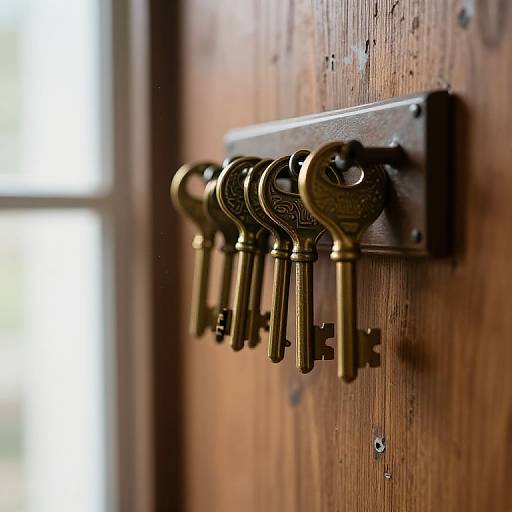 Photograph of six antique brass keys hanging on a rustic, dark metal keyhook attached to a weathered wooden door.