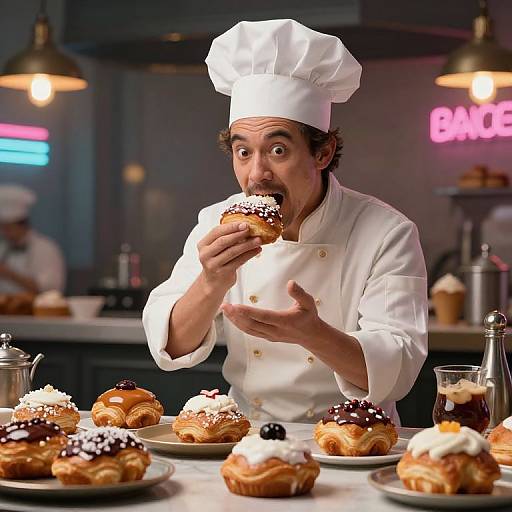 Photograph of a surprised male chef in white uniform, eating a chocolate-glazed donut with white frosting, surrounded by decorated pastries in a dim