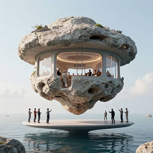 Photorealistic CGI of a futuristic, rock-like floating structure with transparent circular windows, surrounded by people on a water platform.