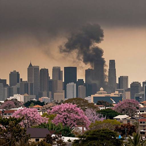 Photograph of a cityscape with a dark smoke plume rising from skyscrapers, surrounded by vibrant pink cherry blossom trees in the foreground.
