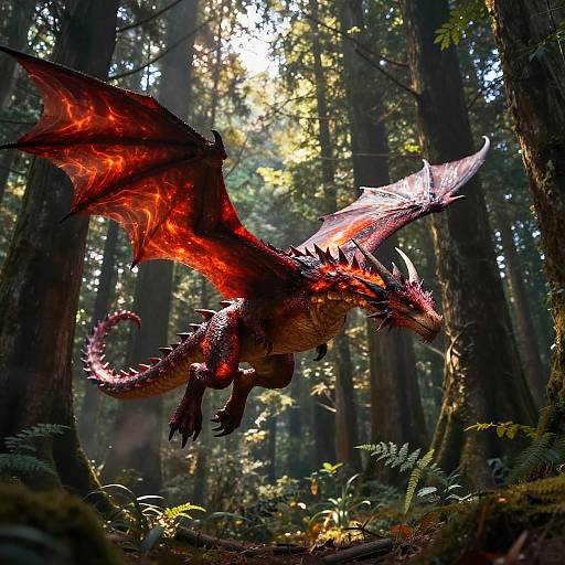 Red Dragon Soaring Through Enchanted Forest