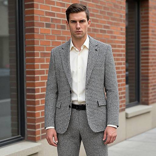 Photograph of a handsome man with short brown hair, wearing a black-and-white checkered suit, white shirt, and black belt, standing in front