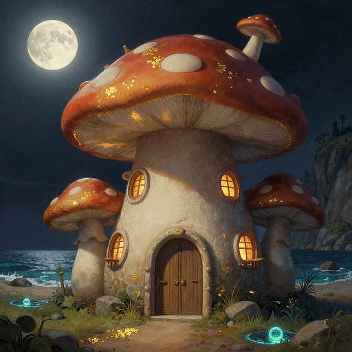 Whimsical digital illustration of a fairy-tale mushroom house with glowing windows, red and white-spotted mushrooms, moonlit night, glowing fireflies
