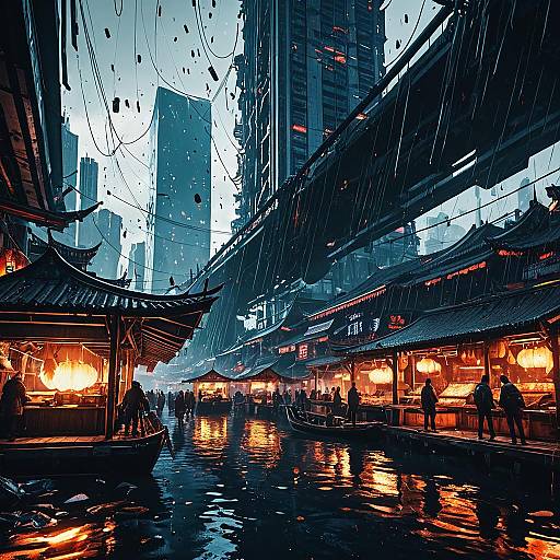 Cyberpunk Floating Market at Dusk