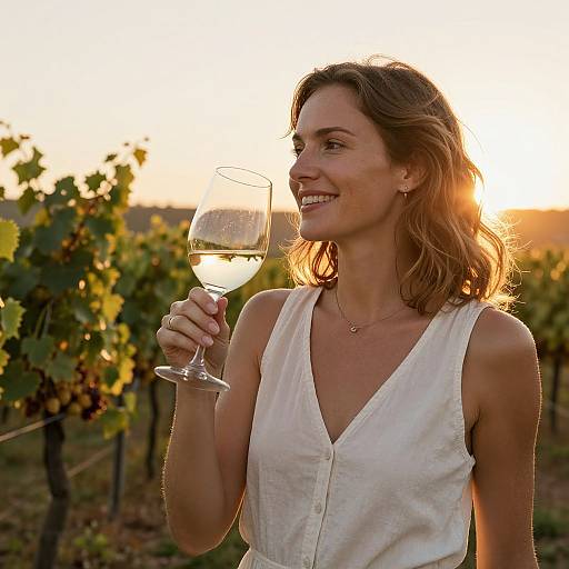 Woman Savoring Wine at Sunset Vineyard