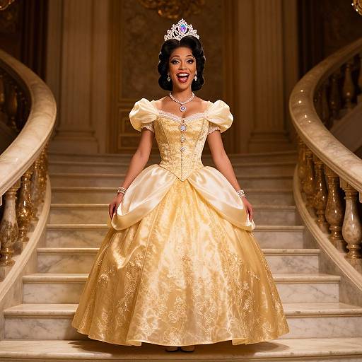 Photograph of a smiling Black woman in an elegant gold ballgown with puffed sleeves, tiara, and necklace, standing on a grand marble