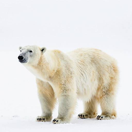 Photograph of a solitary, fluffy white polar bear standing against a pure white background, showcasing its thick fur and powerful stance.