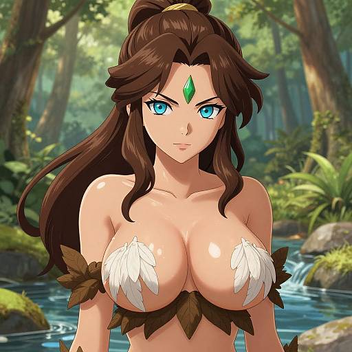 Digital anime-style drawing of a fierce, blue-eyed, brown-haired woman with large breasts, wearing a feathered, leafy top, standing in a