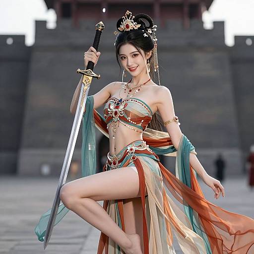Digital artwork of an Asian woman with black hair in an updo, wearing a colorful, revealing warrior outfit, holding a sword, standing in a stone