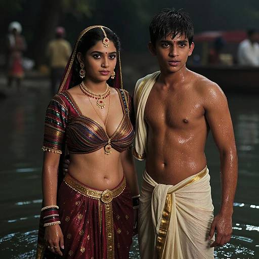 Photograph of a traditional Indian couple standing in water; woman in red and gold saree, man in white dhoti, both with wet skin