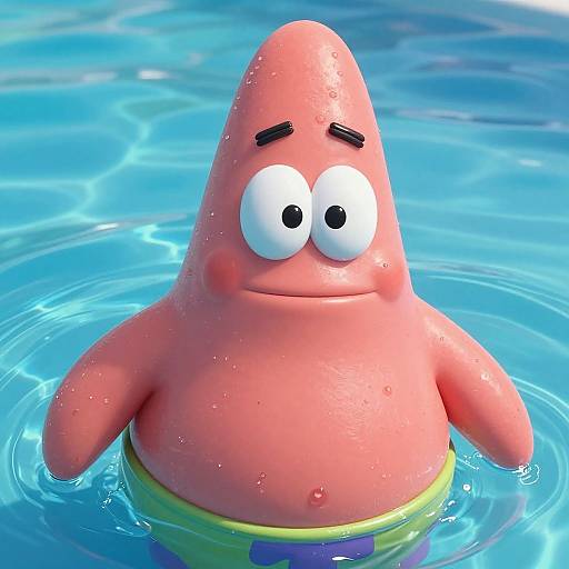 CGI cartoon of a chubby, pink, blob-like character with large eyes, wearing yellow-green swim trunks, floating in a bright blue pool.