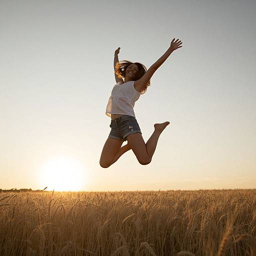 Photograph of a young woman with brown hair, wearing a white shirt and denim shorts, mid-jump in a golden wheat field at sunset, arms