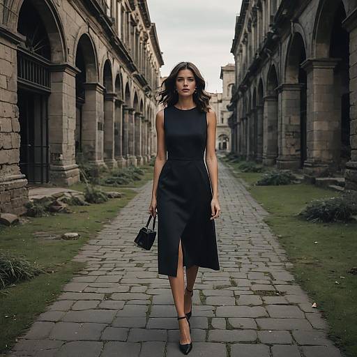 Elegant Woman Walking on Vintage Avenue