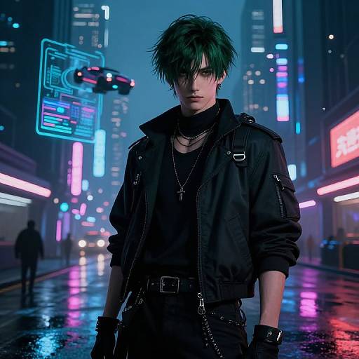 Cyberpunk street scene: Green-haired young man in black jacket, gloves, and necklaces, standing in neon-lit, rainy urban night.