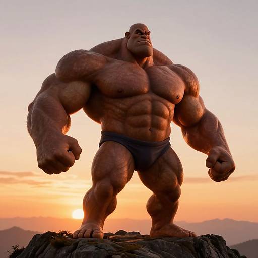 Photograph of a hyper-muscular, bald man with dark skin, wearing black briefs, standing on a rocky hill at sunset with an orange