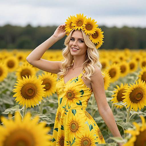 Blonde woman in yellow sunflower dress and headpiece, smiling in sunflower field, hand on head, bright summer day. Photographic image.