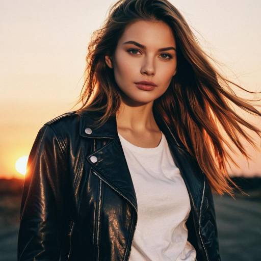 Fashion Model with Long Layers Hairstyle and Leather Jacket