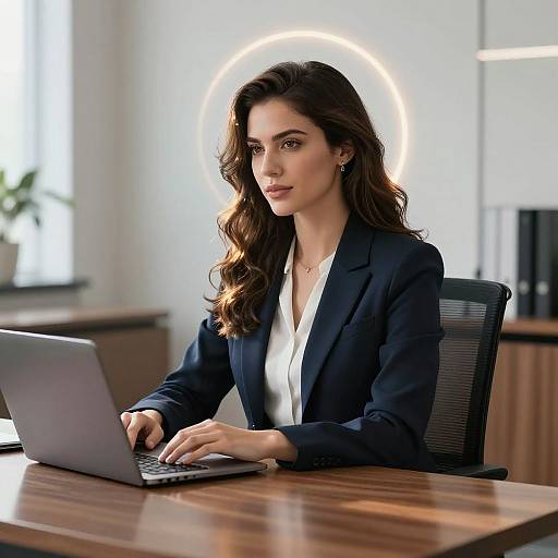 Photograph of a confident woman with wavy brown hair, wearing a navy blazer and white blouse, typing on a laptop in a modern office with
