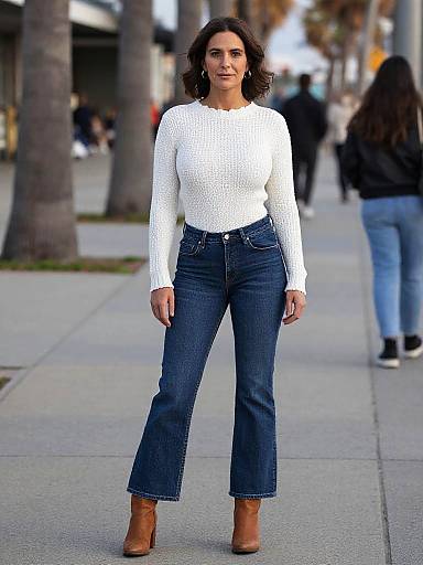 Photograph of a confident woman with medium skin tone, shoulder-length dark brown hair, wearing a white knit sweater, blue jeans, and brown ankle boots
