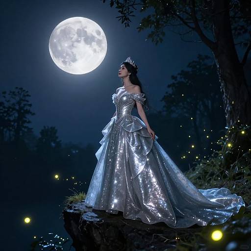 Photograph of a woman in a silver, metallic, off-shoulder ball gown, crowned with a tiara, standing under a full moon,